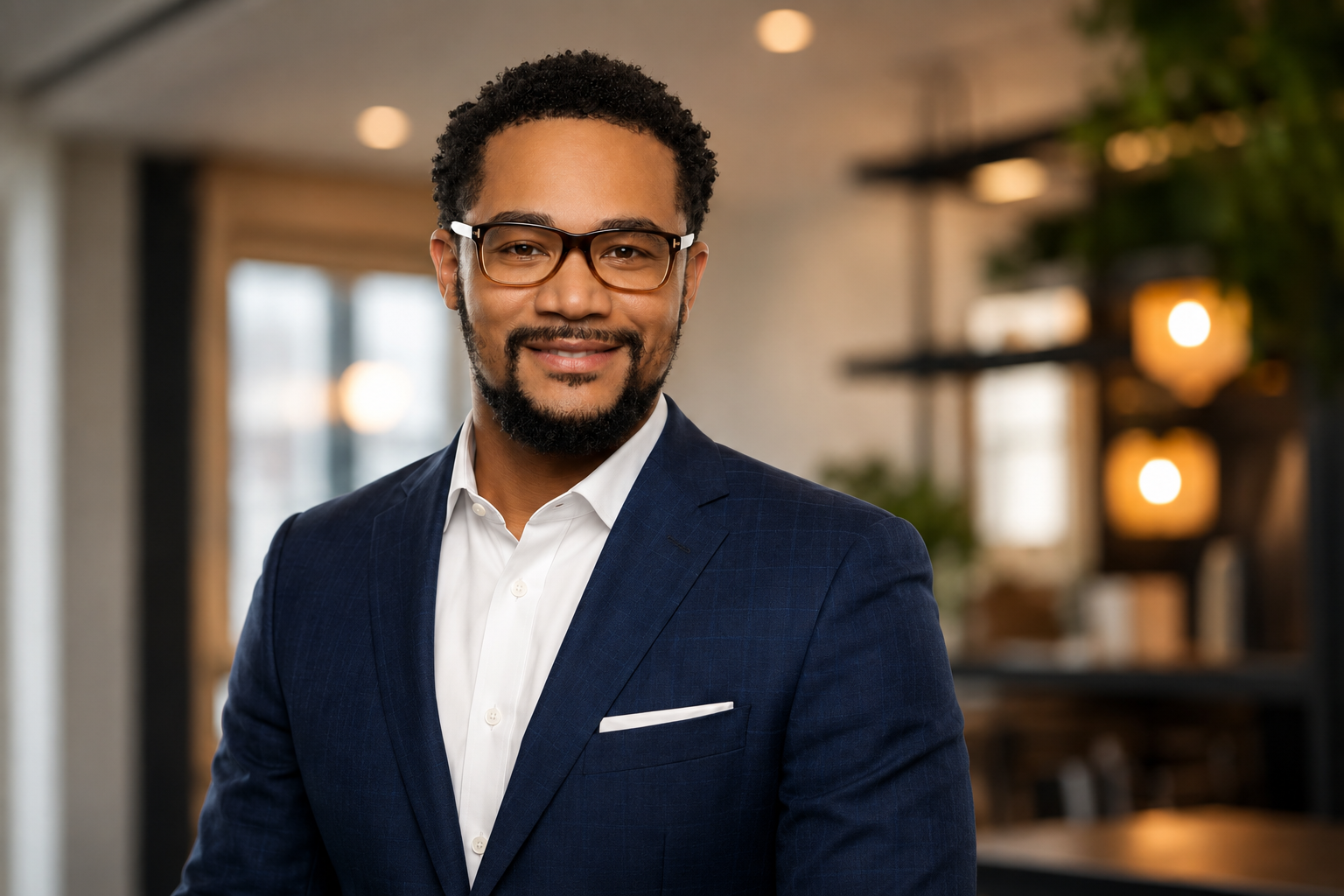A professional man with glasses and a beard in a navy suit and white shirt, smiling in a modern office environment.