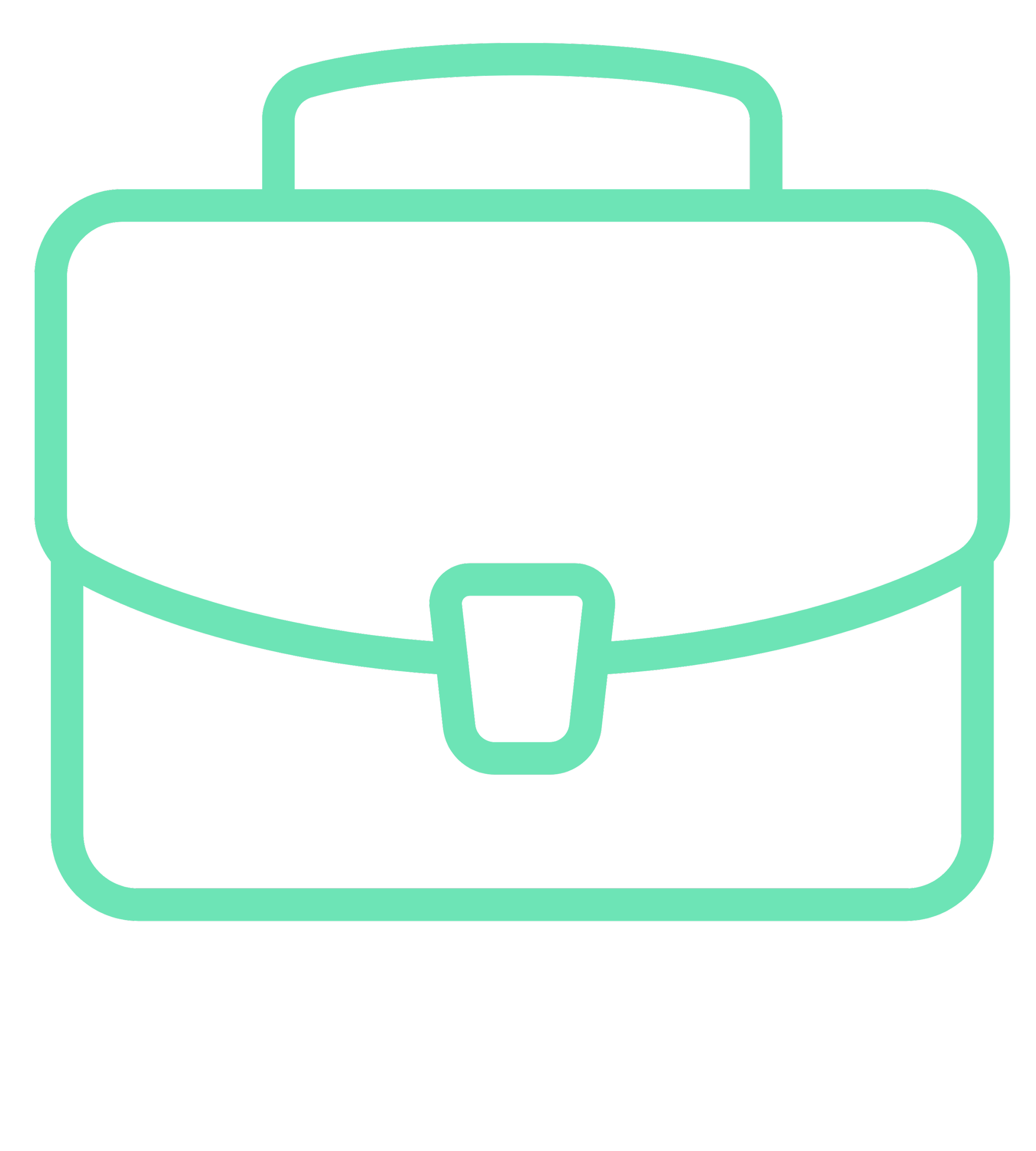 Outline drawing of a briefcase with a handle on top and a latch in the center.