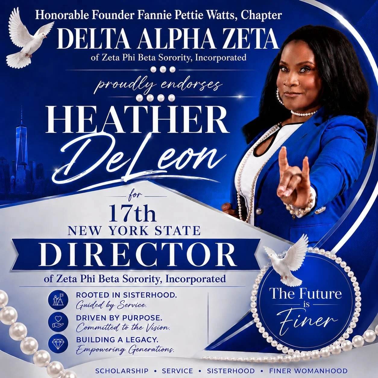 💙🤍 ENDORSEMENT ALERT! 🤍💙

The Dynamic Ladies of Delta Alpha Zeta Chapter of Zeta Phi Beta Sorority, Incorporated proudly endorse Soror Heather DeLeon for the 17th New York State Director! 🎉✨

As Soror Heather celebrates her 17th year of dedicate