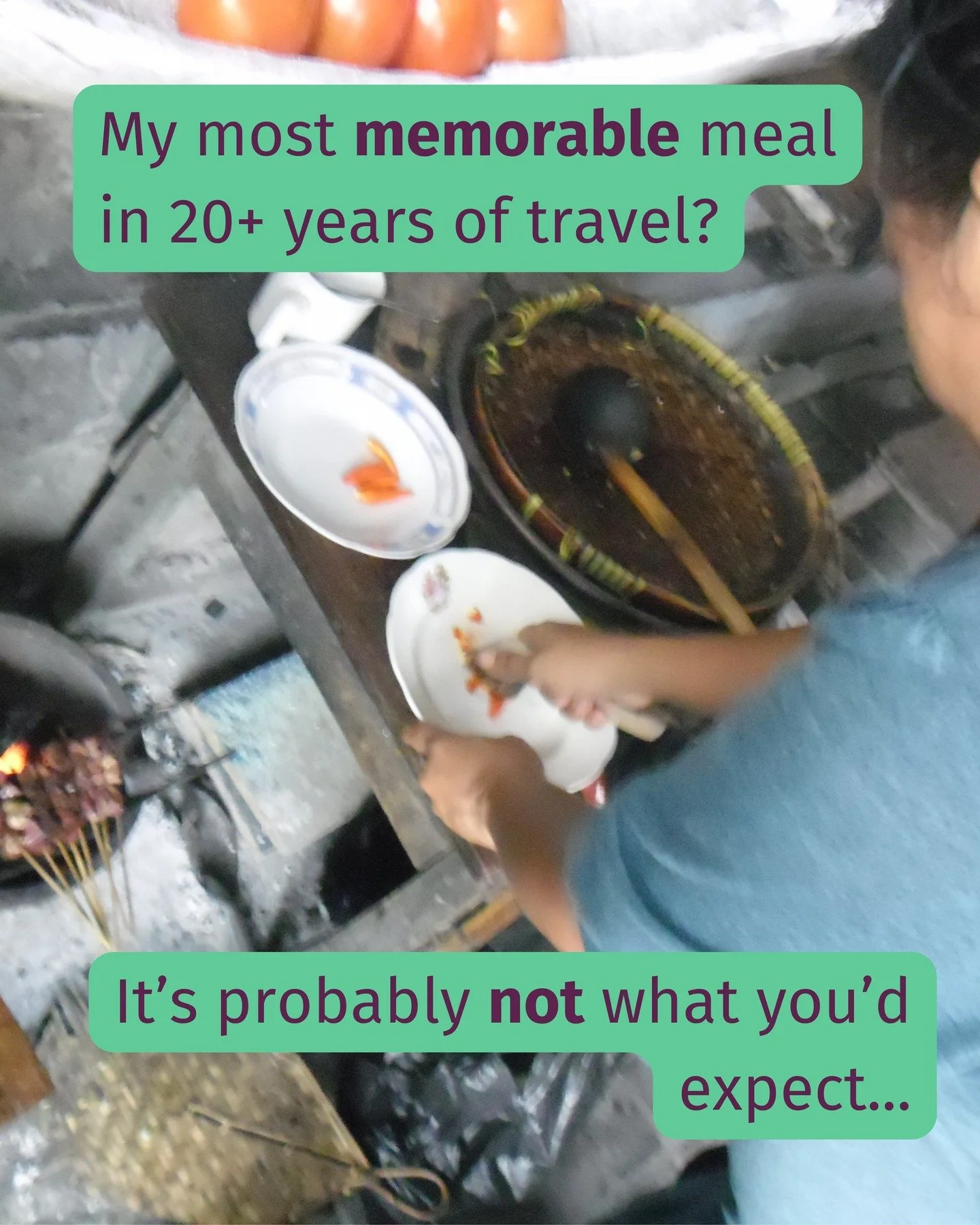 On a wobbly stool against a home-made shelf-come-table under a bridge in Yogyakarta.

That was where I had the most memorable meal of my life: unbelievable lamb satay.

Super spicy, but rich, savory and complex; and it&rsquo;s had me wanting more eve