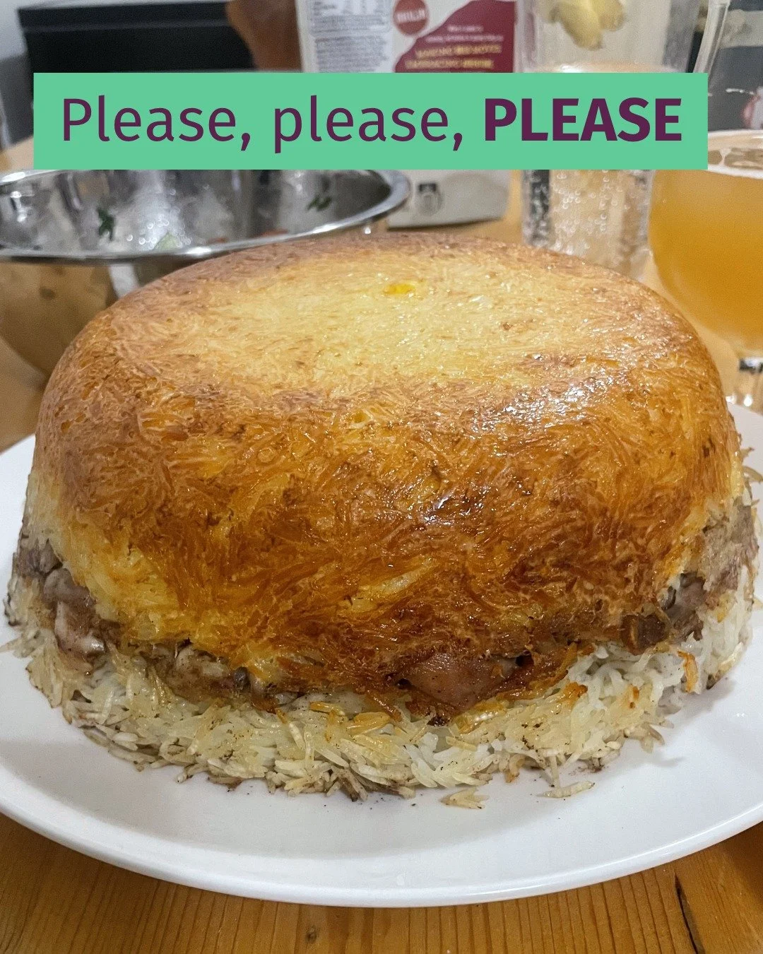 Please, please, PLEASE try cooking this at home (and I want to see the photos once you do)!

Persian Tahchin Morgh is the ultimate in comfort food - crispy golden rice, saffron-egg batter, and warm, aromatic spiced chicken.

You will not be disappoin