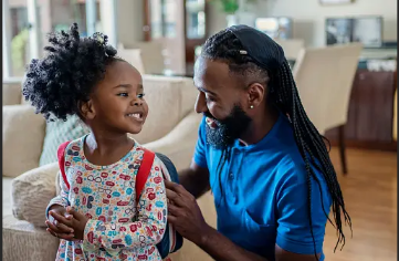 A man with long braids and a beard smiling at a young girl with curly hair and a colorful dress, holding her hands inside a well-lit room.
