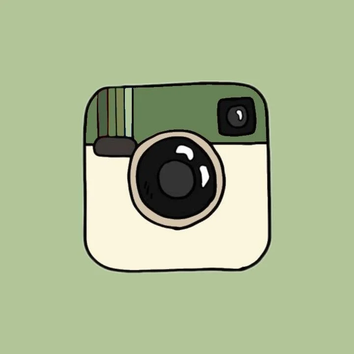 A cartoon illustration of an Instagram logo resembling a vintage camera with a green top and beige bottom on a light green background.