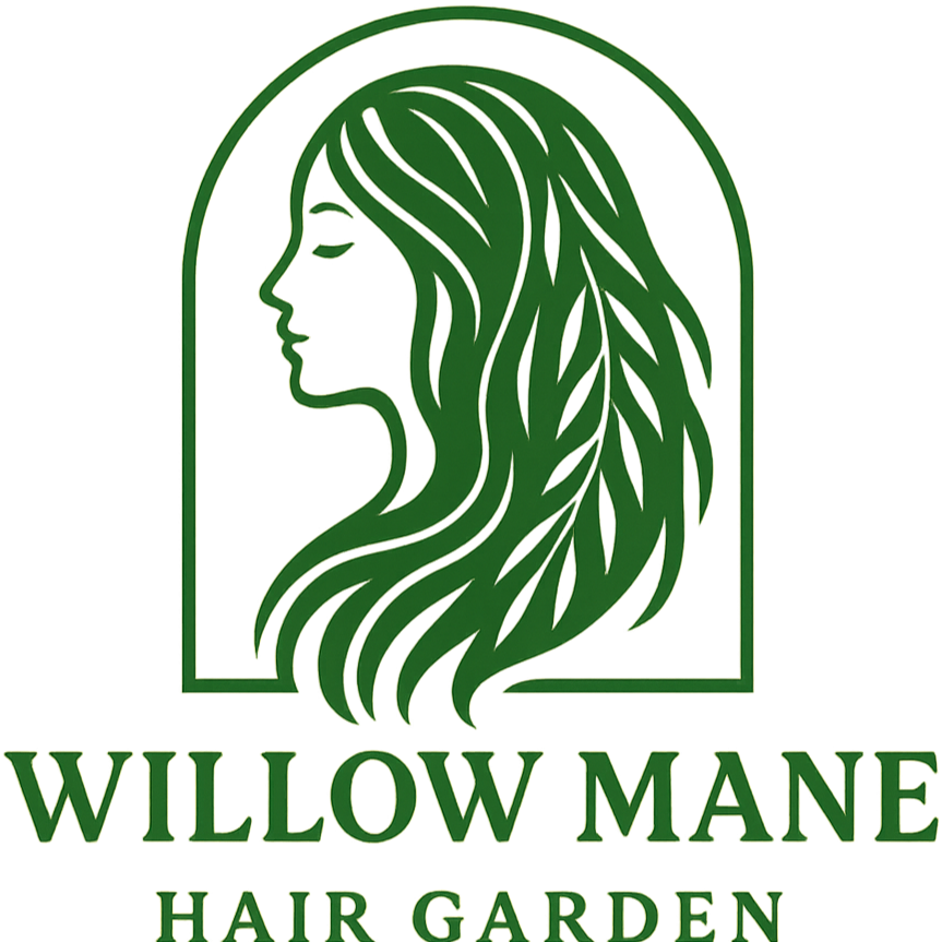 Logo for Willow Mane Hair Garden featuring a green profile of a woman's face with flowing hair inside a vertical arch.