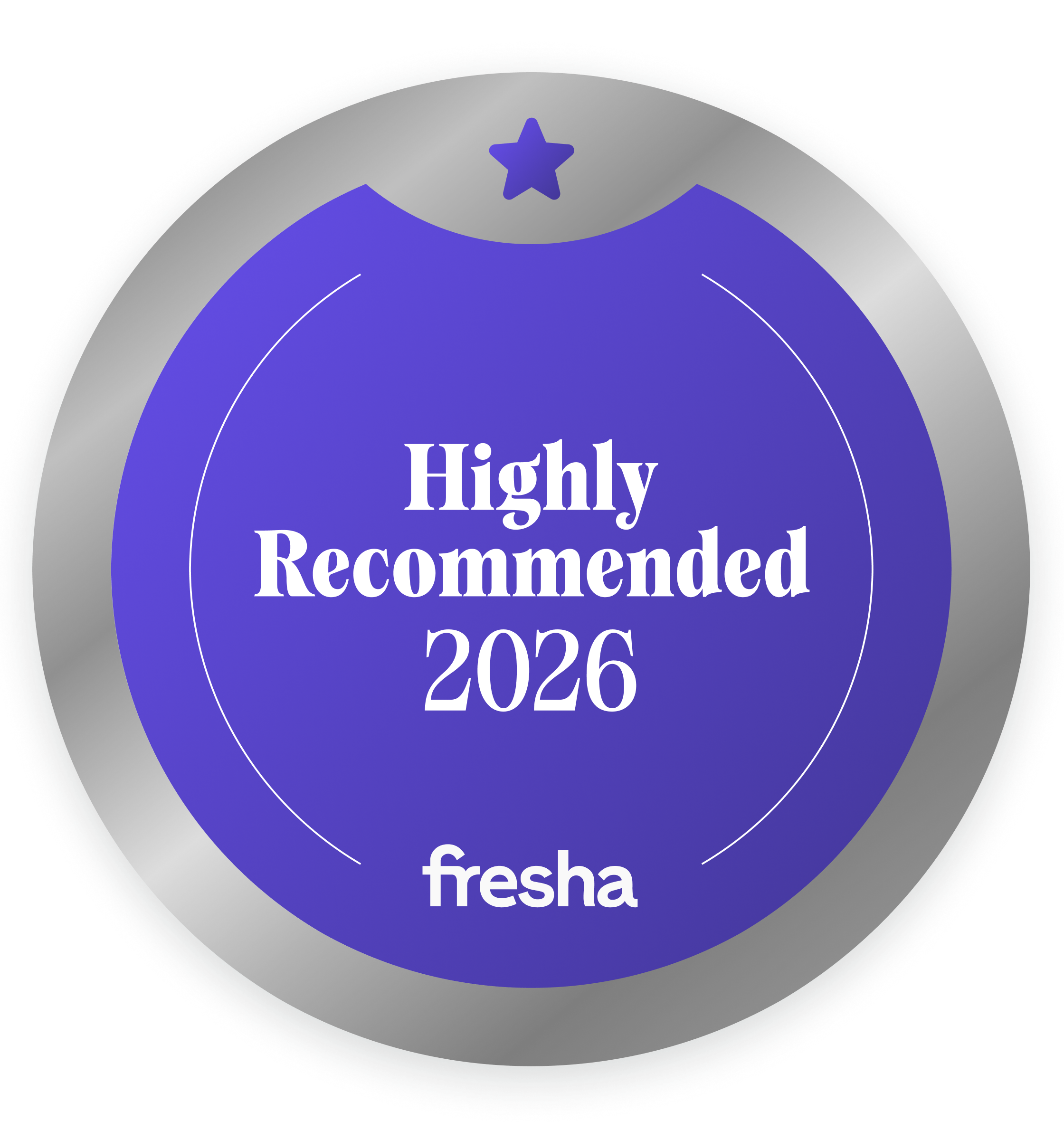 A circular badge with a purple center and silver border that reads "Highly Recommended 2026" with a small star at the top and the word "fresha" at the bottom.