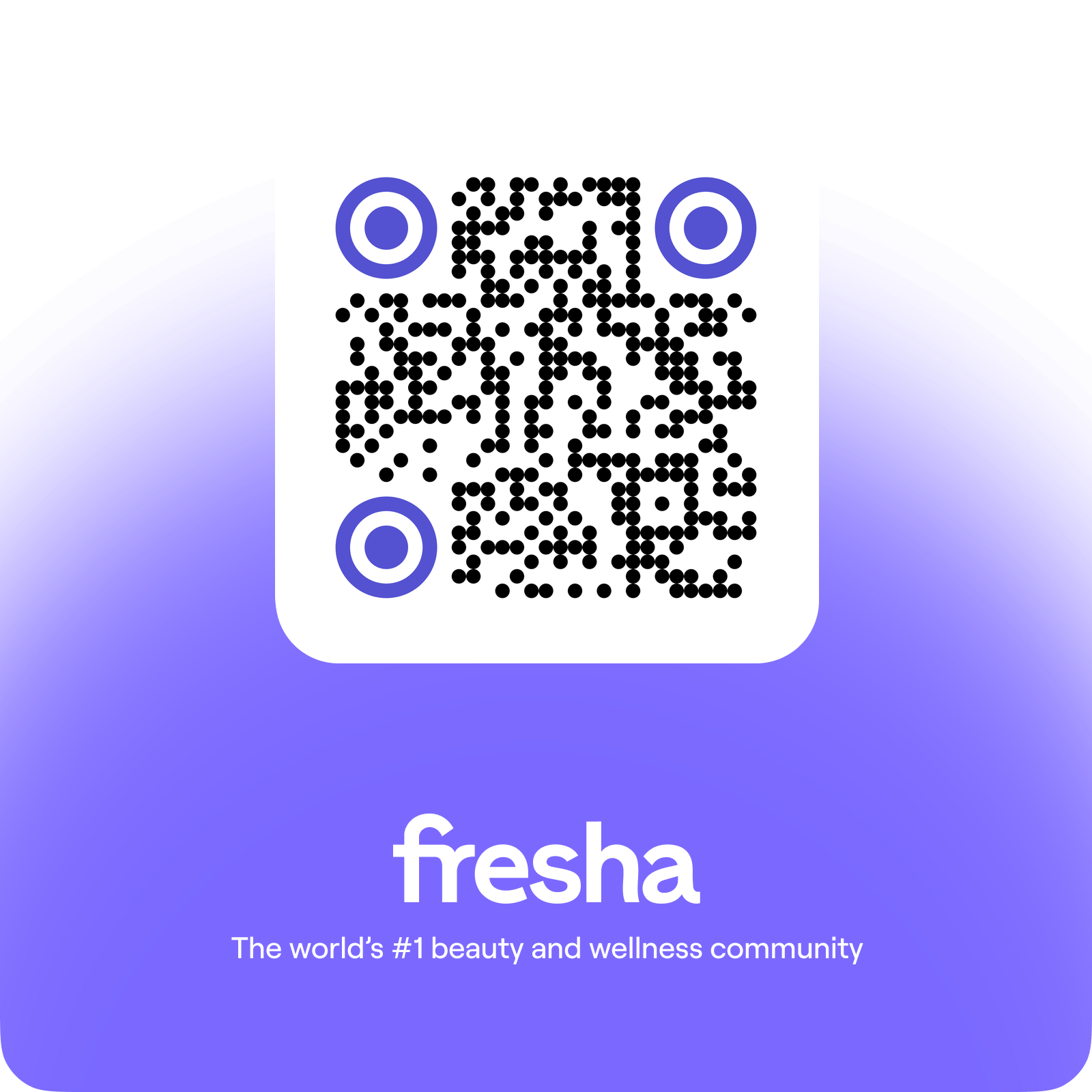 A QR code with blue circles in three corners on a gradient blue background. Below, the text reads "fresha" and "The world's #1 beauty and wellness community."
