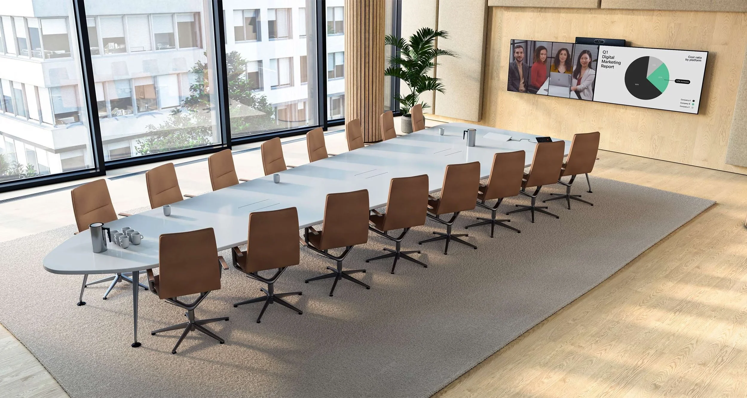 Modern conference room with a long white table and brown chairs, large windows on one side, a potted plant, and a wall-mounted screen displaying a business presentation.