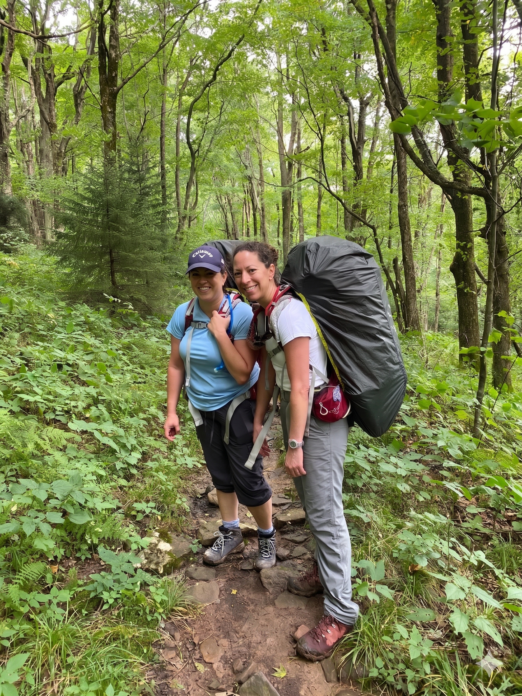 Two women hiking in a green forest, smiling and standing on a dirt trail with trees and lush foliage in the background.