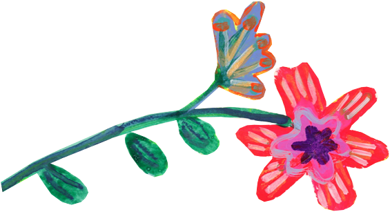 Colorful drawing of two flowers on a green stem with leaves, one pink and one multicolored.