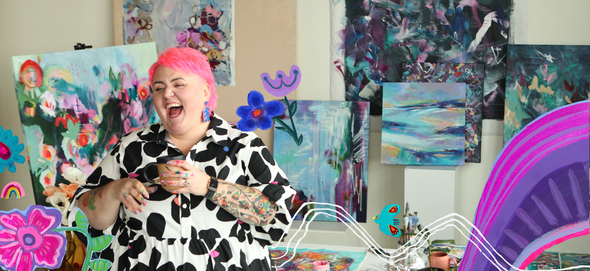 A woman with pink hair and a black and white polka dot shirt laughing and holding scissors, surrounded by colorful abstract paintings and whimsical drawings of flowers and birds.