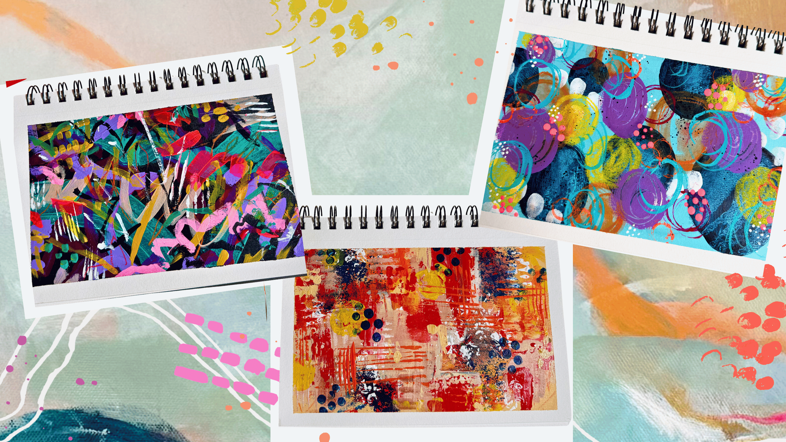 Collection of abstract colorful paintings on sketchbooks and paper scattered on pastel background.