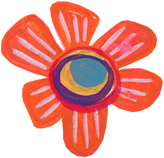 A colorful, hand-painted flower with orange petals and a multi-colored center.