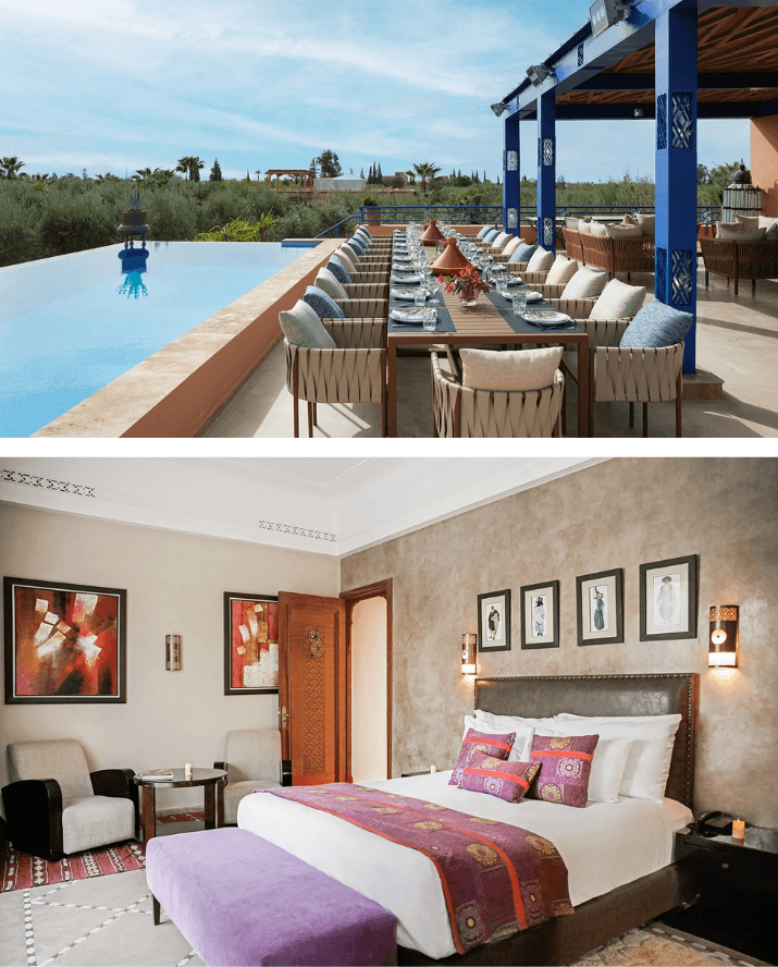 Outdoor dining area by a pool with chairs and a long dining table, and an indoor hotel room with a bed, artwork, and seating.