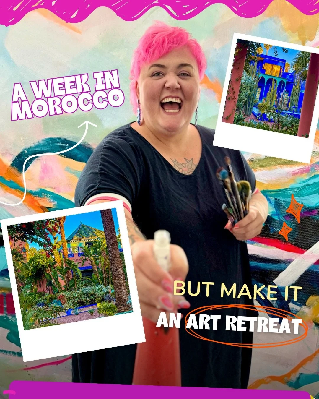 WE&rsquo;RE GOING TO MOROCCO!!! 🇲🇦🌈🎨✨

A whole week to paint, play, explore, eat, laugh, connect + have one hell of an adventure together.

It is filling up and only a few rooms remain! Yesss! 

Want to come with us? Comment MOROCCO and I&rsquo;l