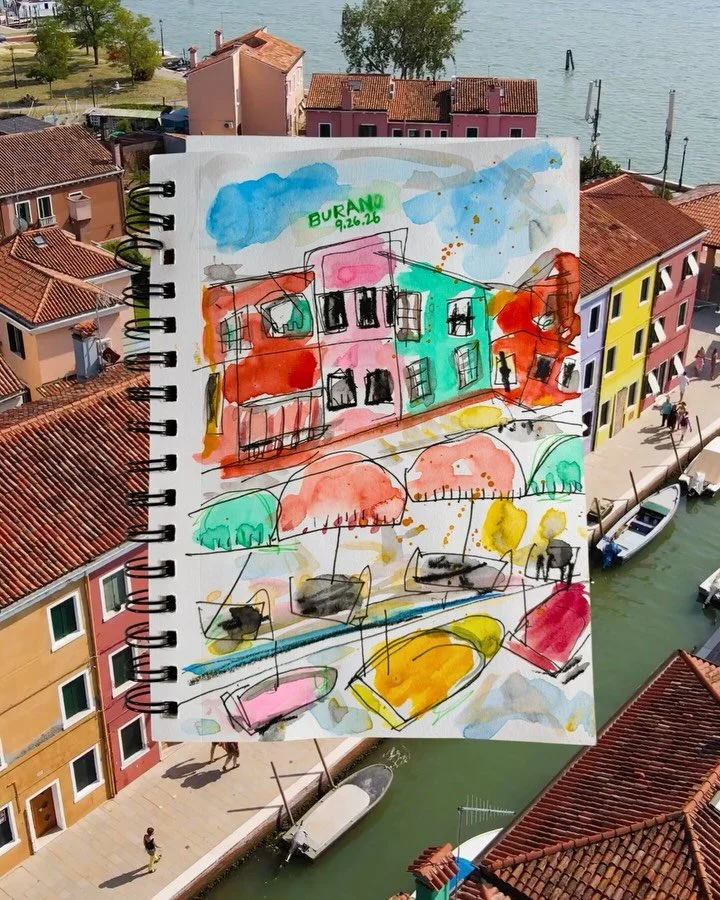 Quick, wonky little mixed media sketchbook studies inspired by photos I took in Burano, an island just outside Venice, last month. 

My goal with these travel sketches isn&rsquo;t realism. I&rsquo;m not trying to recreate a photograph or get every de
