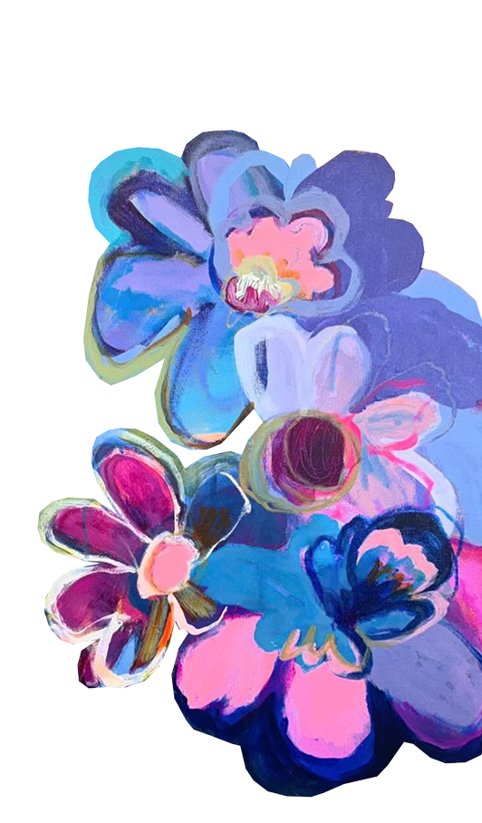 Abstract watercolor-style illustration of purple, blue, pink, and yellow flowers with no background.