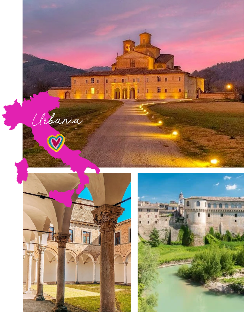 A collage of three images from Urbino, Italy. The top image shows a historic building illuminated at dusk with a pink sky in the background. The bottom left image depicts a classical cloister with columns and arches under a bright blue sky. The bottom right image features a scenic view of a castle overlooking a river with lush greenery.