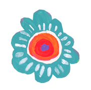 Colorful abstract flower illustration with blue petals and a red and orange center