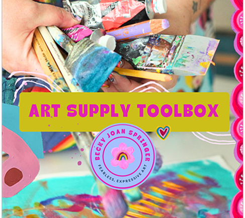 A brightly colored art supply toolbox labeled 'Art Supply Toolbox' with various paints, brushes, and art materials.