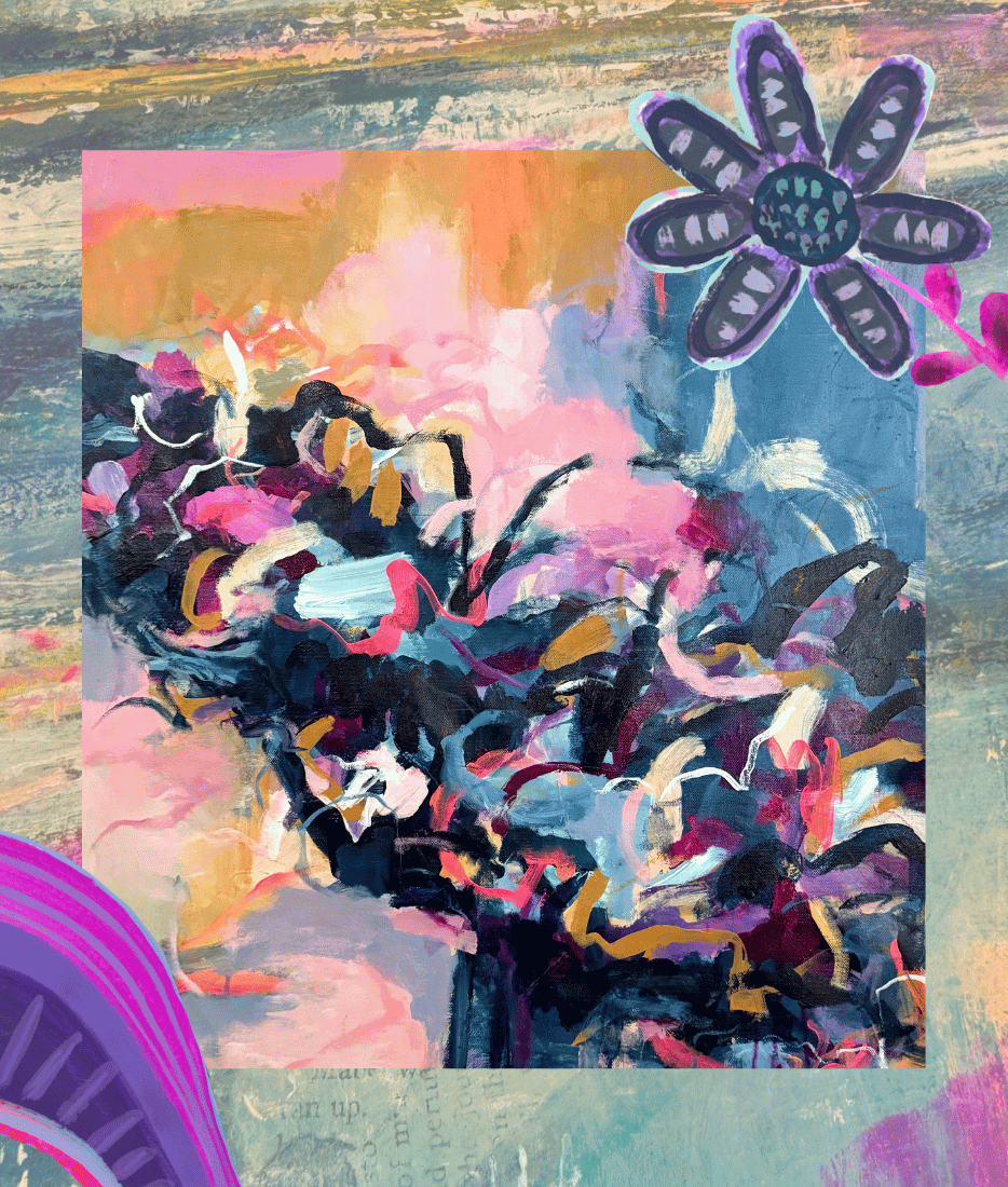 Abstract colorful artwork with a large purple flower in the upper right corner and layered brushstrokes in pink, blue, black, and gold tones against a textured background.