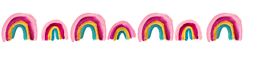 Multiple colorful rainbow drawings with pink borders, aligned in a row against a white background.