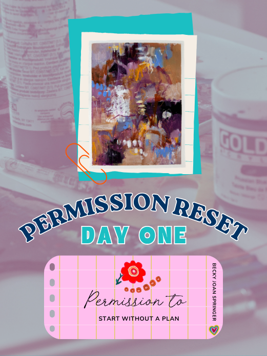 A colorful abstract painting with bold brushstrokes in shades of purple, blue, orange, and white, framed in white, and placed against a bright blue background. The background also features partially visible bottles and containers, with one labeled 'GOLD'.