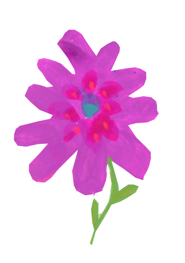 A colorful, abstract painting of a flower with pink, purple, and green hues.