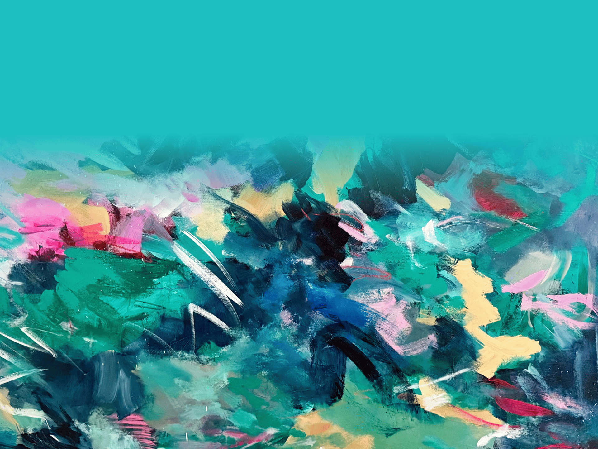 Abstract colorful painting with vibrant shades of teal, pink, yellow, black, and white brushstrokes.