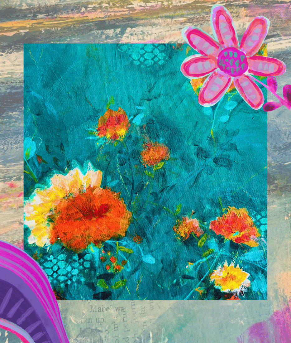 Colorful painting of various flowers on teal background with added pink and purple decorative elements.