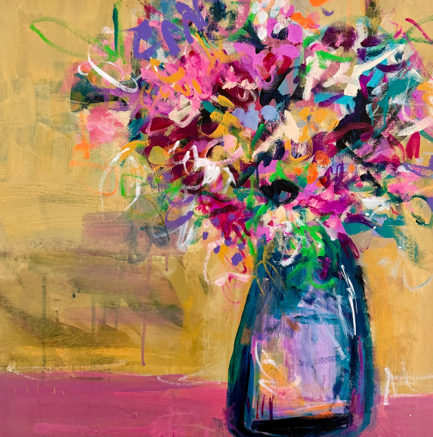 Abstract painting of a colorful bouquet in a vase on a pink surface.
