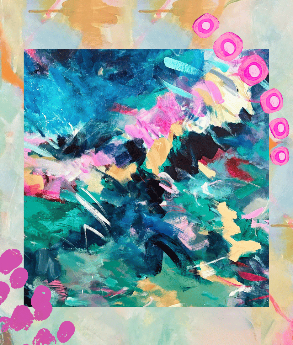 Abstract painting with swirling shades of blue, pink, black, green, and beige, surrounded by a pastel-colored border with pink circular and dot patterns.