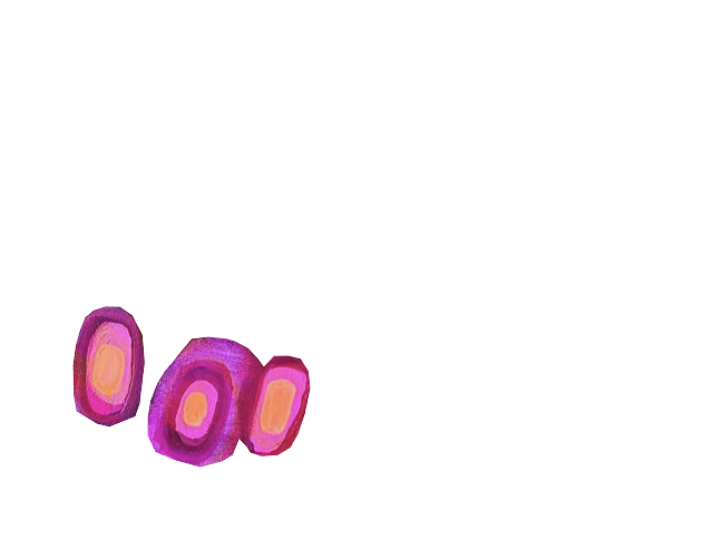 Three colorful abstract illustrations resembling bacteria or cells with purple, pink, and orange hues.