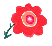 A simple illustration of a red flower with pink and yellow center and green leaves.