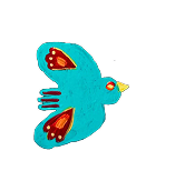 Colorful cartoon bird with blue body, colorful wings, and a light blue beak