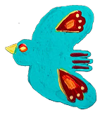 Colorful cartoon bird with blue body, yellow beak, and red wing markings