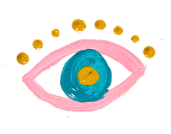 An artistic depiction of an eye with a pink outline, a blue iris with a yellow pupil, and golden decorative elements around the eye.