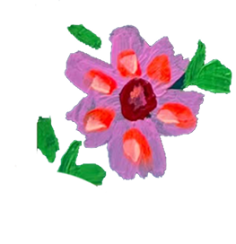 A colorful, hand-painted flower with pink petals, orange accents, and green leaves.