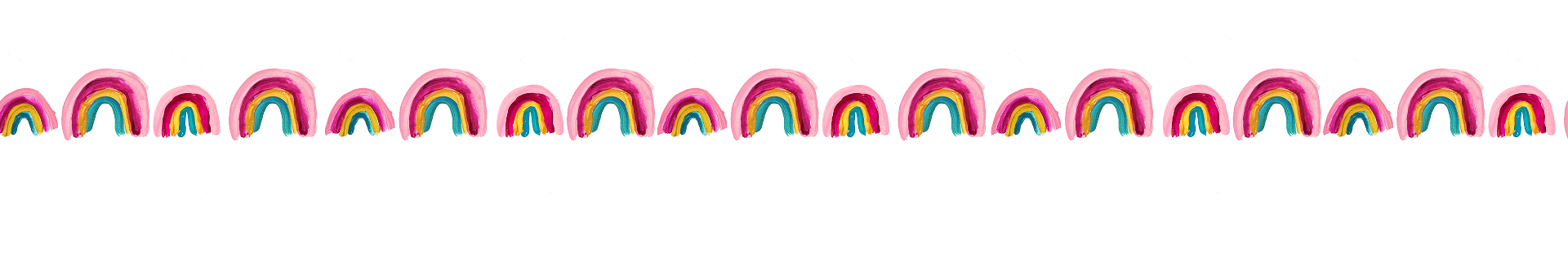 Colorful rainbow decorations hanging in a row, pastel pink, yellow, green, and blue, with a light green background.