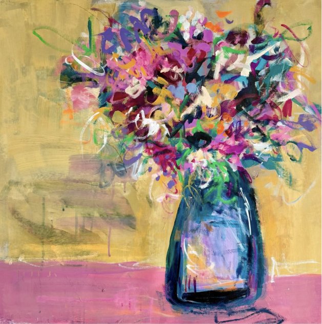 Abstract painting of a colorful bouquet of flowers in a blue vase on a pink table against a yellow background.