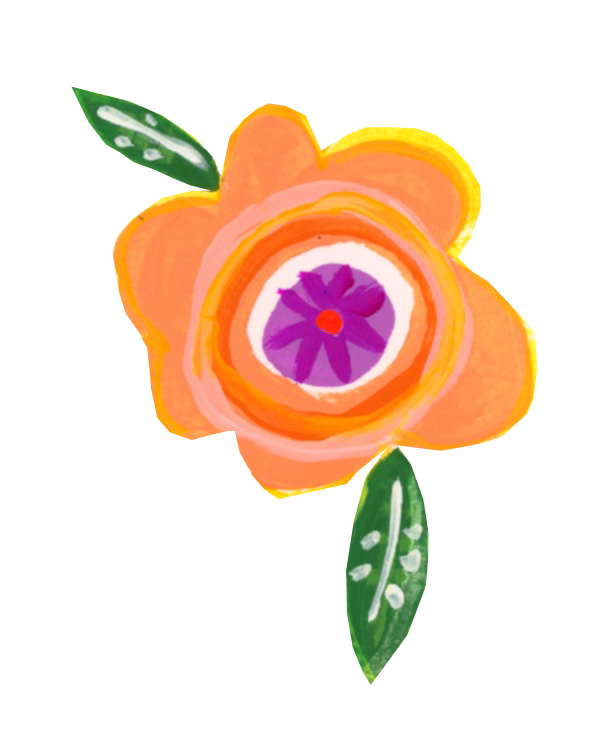 Colorful painted flower with orange petals, purple and red center, and green leaves on a black background.