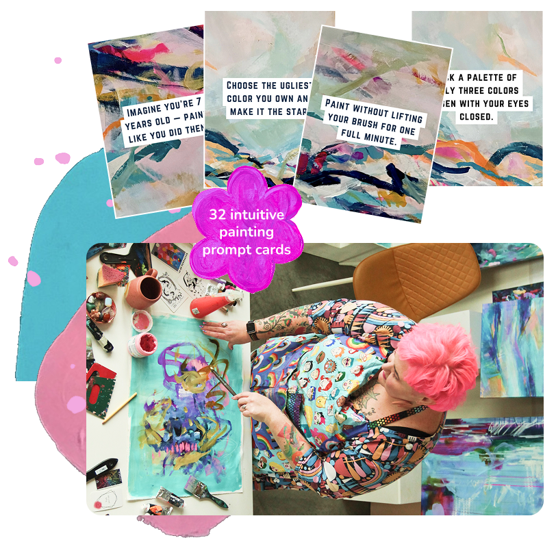 An artist with pink hair creating an abstract painting on a table surrounded by paint supplies, with several colorful landscape and abstract paintings on the walls and floor in the background.