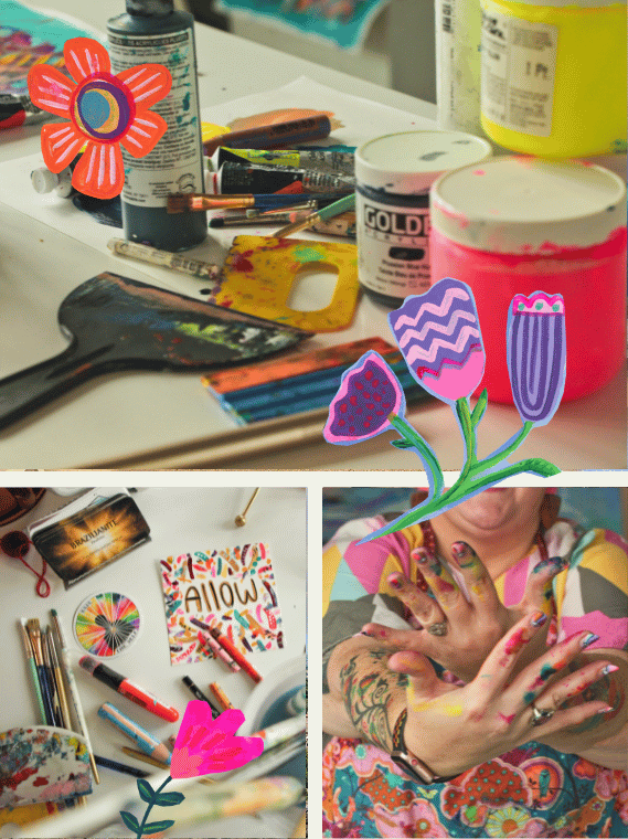 Arts and craft supplies including paint, brushes, jars of paint, a palette, and scissors on a table, with a person showing hands with painted nails and tattoos.