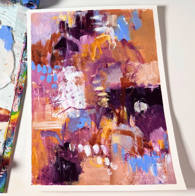 Abstract painting with vibrant colors including purple, pink, orange, blue, black, and white, featuring brush strokes and splashes.