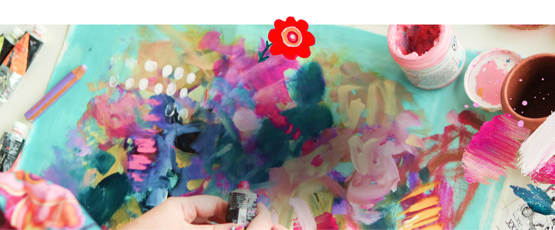 Abstract colorful painting on a workspace with acrylic paints, brushes, and paint containers nearby.