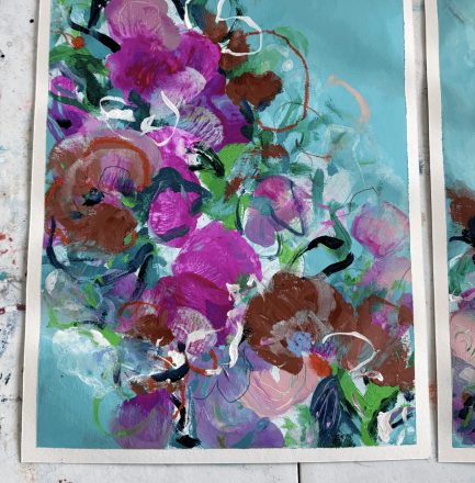 Abstract floral painting with purple, pink, brown, green, white, and black colors on a teal background.