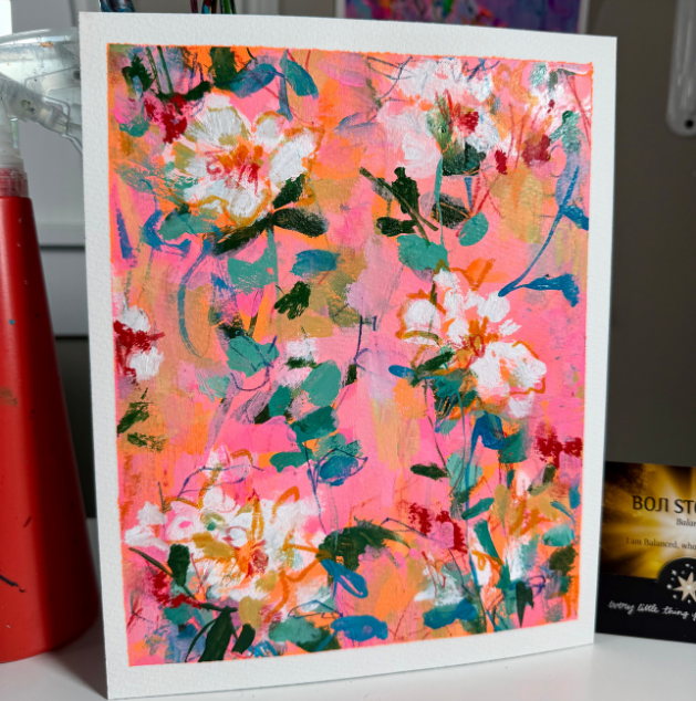 Colorful floral abstract art with pink, white, orange, green, and blue brushstrokes on a square canvas.