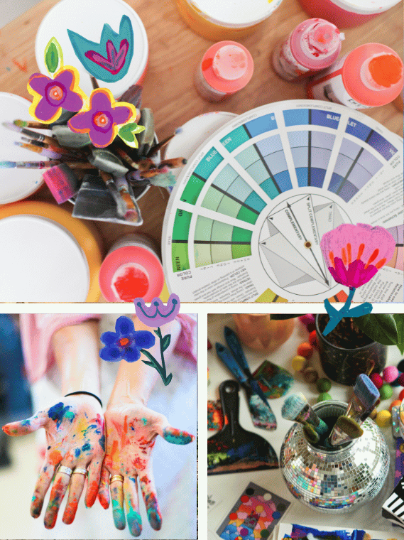 Arts and crafts supplies including paint, brushes, color palette, painted hands, fabric, and decorative paper with flower designs.