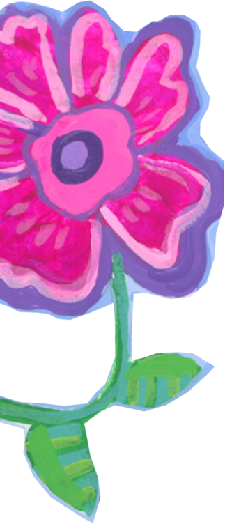 Childlike colorful drawing of a pink flower with a purple center and green stem and leaves.