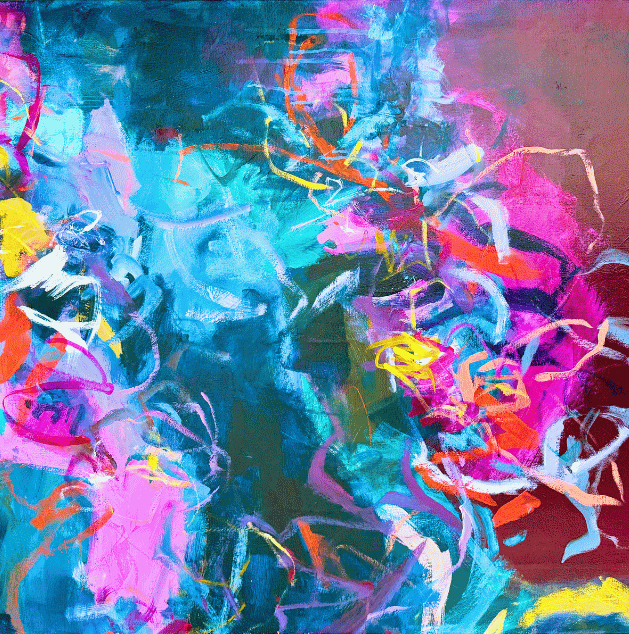 Abstract colorful painting with swirling streaks of paint in shades of blue, pink, purple, yellow, black, and white.