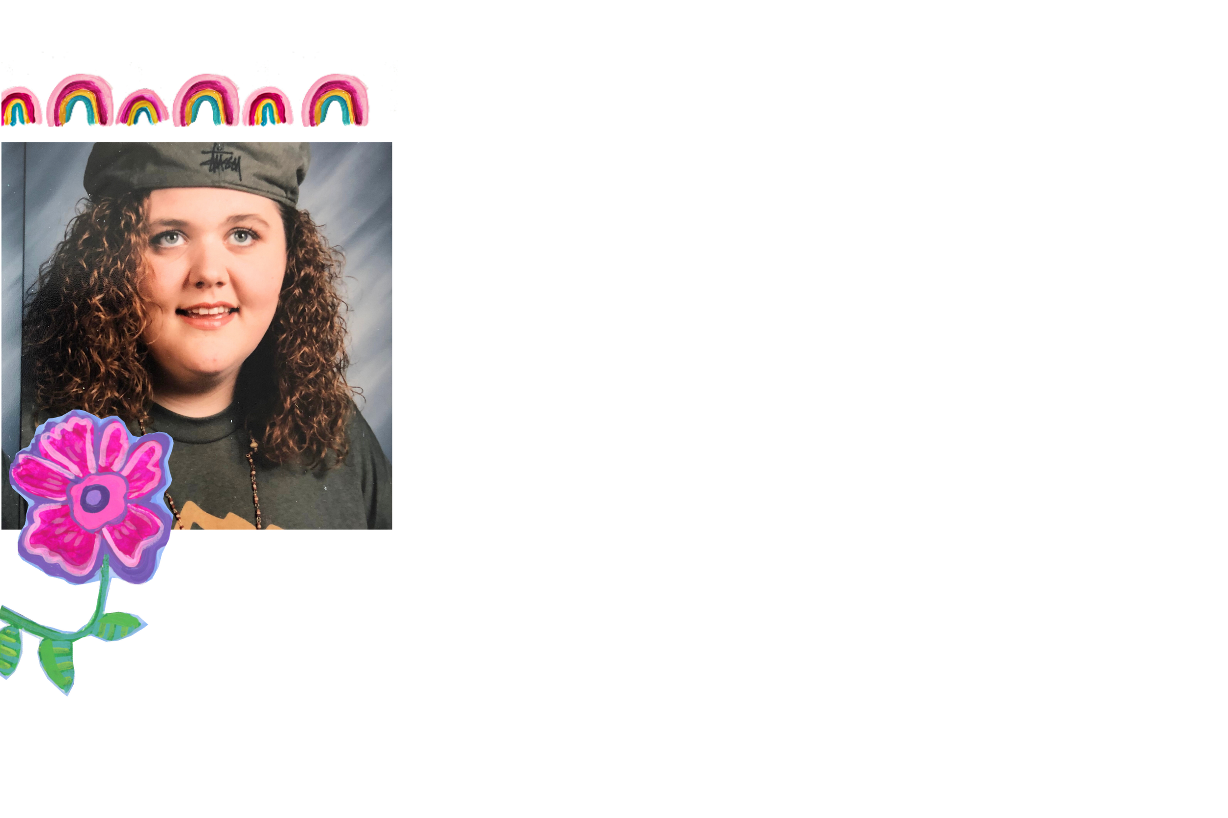 Portrait of a young girl with curly hair wearing a gray cap and black shirt, surrounded by pink and purple flower illustrations.